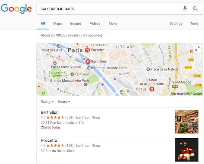 与冰淇淋店相关的 Google 搜索结果，显示了由结构化数据实现的富媒体搜索结果。