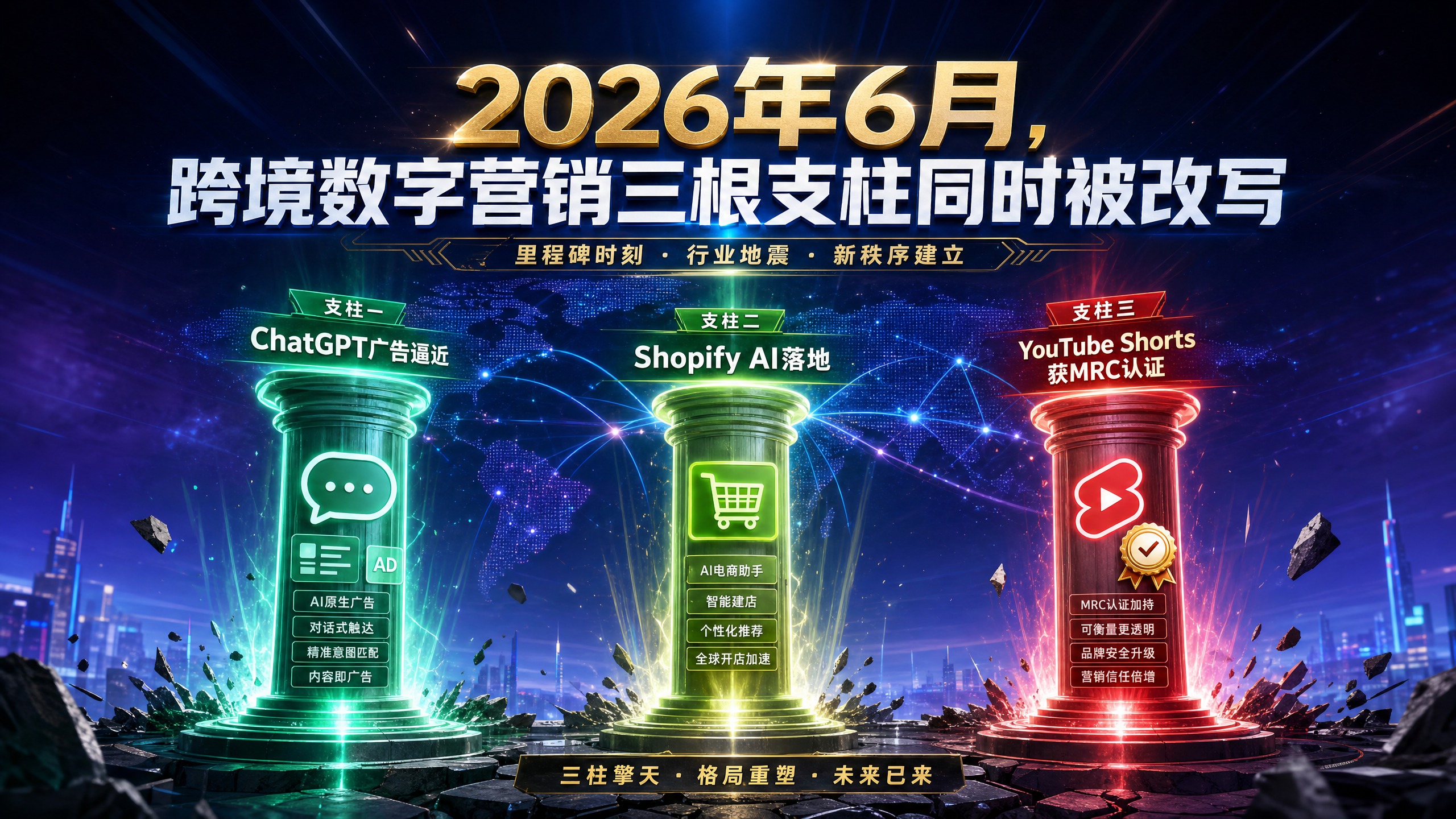 2026年6月，跨境数字营销三根支柱同时被改写：ChatGPT广告逼近、Shopify AI落地、YouTube Shorts获MRC认证