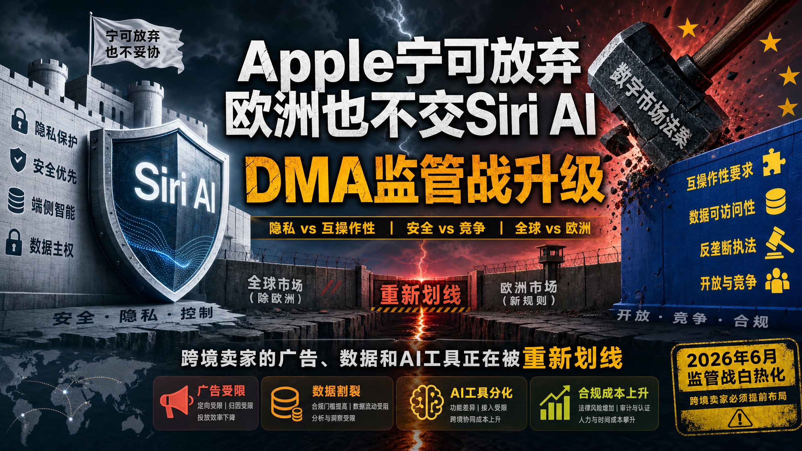 Apple宁可放弃欧洲也不交Siri AI——DMA监管战升级，跨境卖家的广告、数据和AI工具正在被重新划线