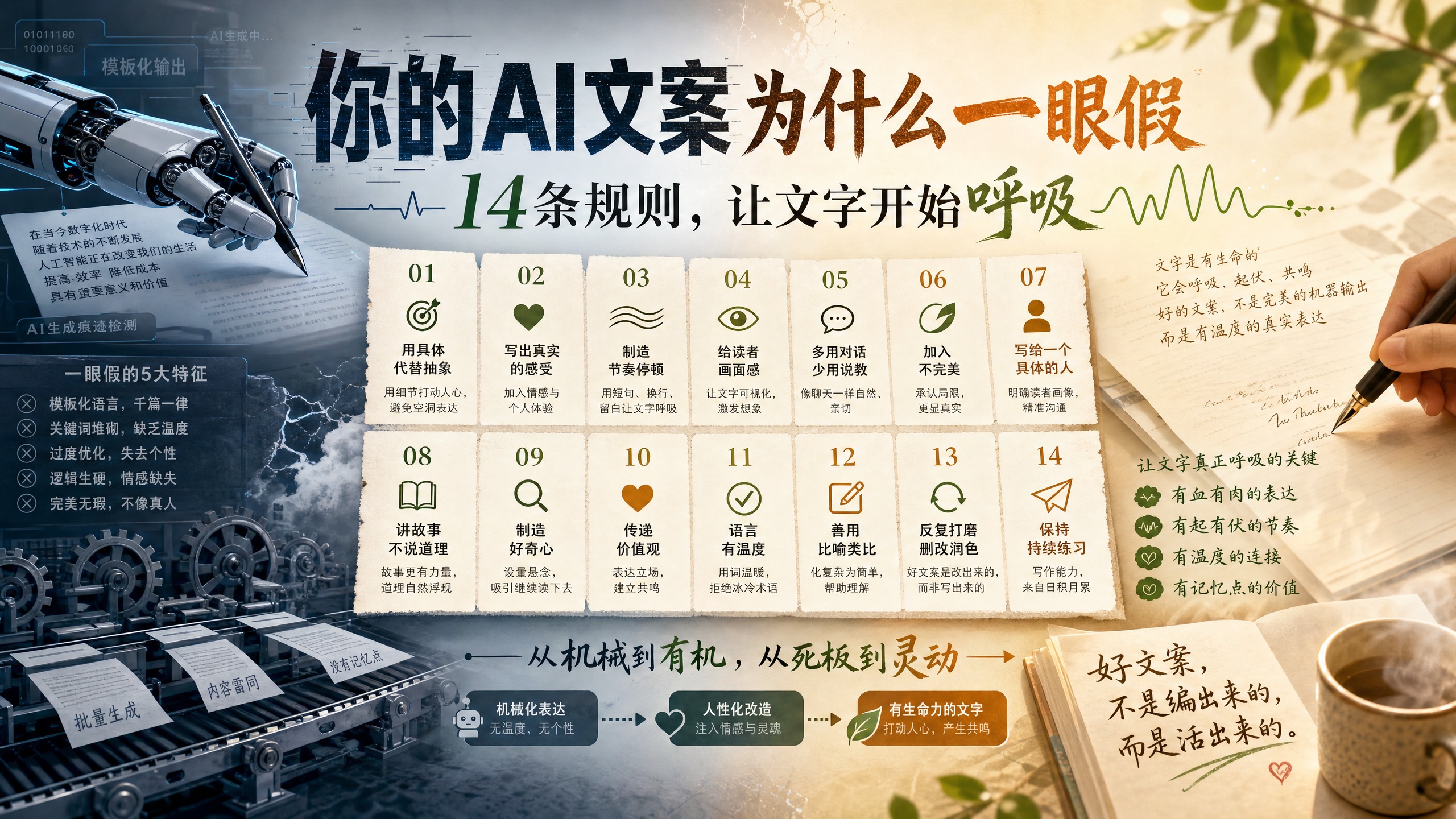 你的AI文案为什么一眼假：14条规则，让文字开始呼吸