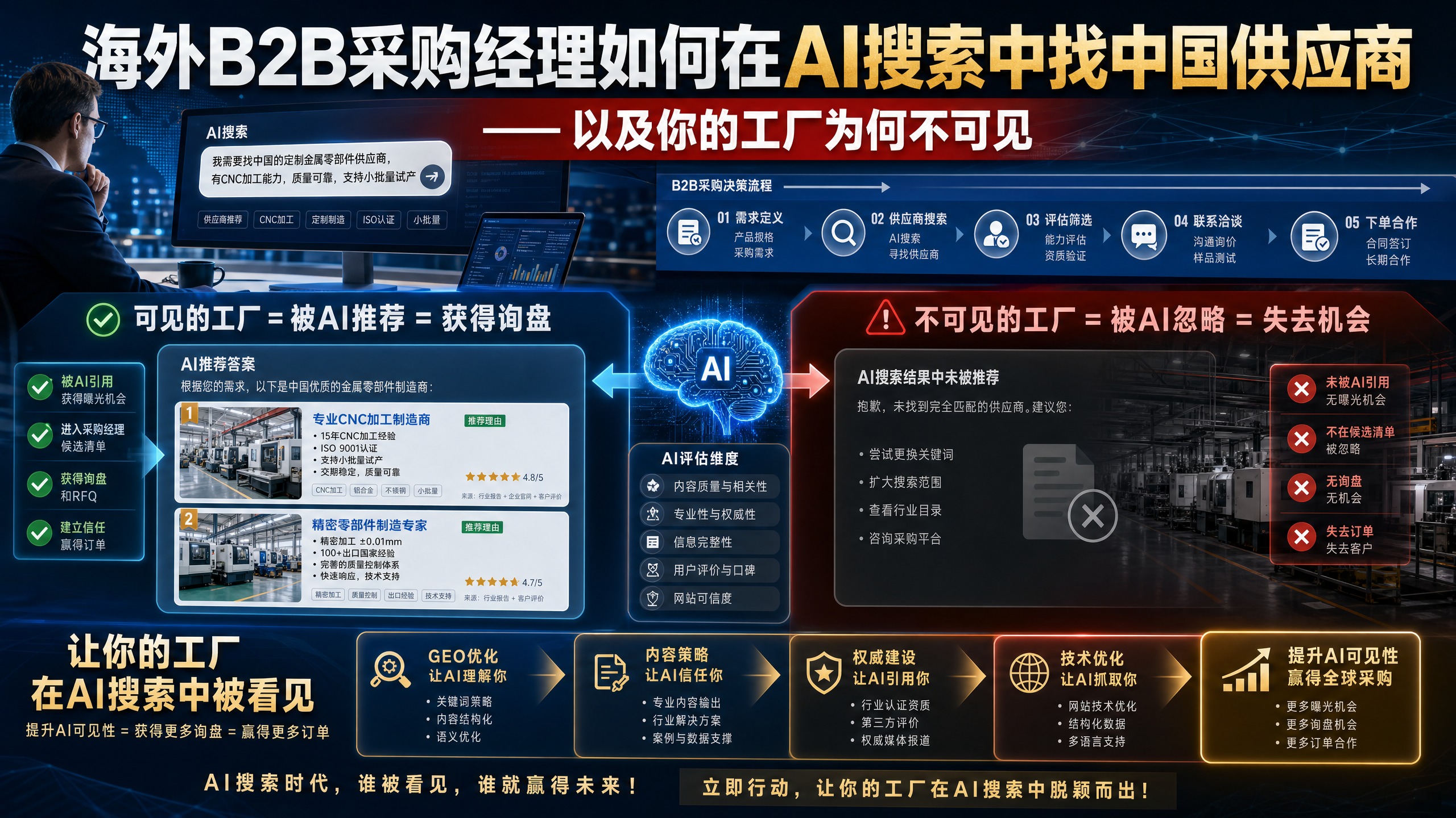 海外B2B采购经理如何在AI搜索中找中国供应商——以及你的工厂为何不可见